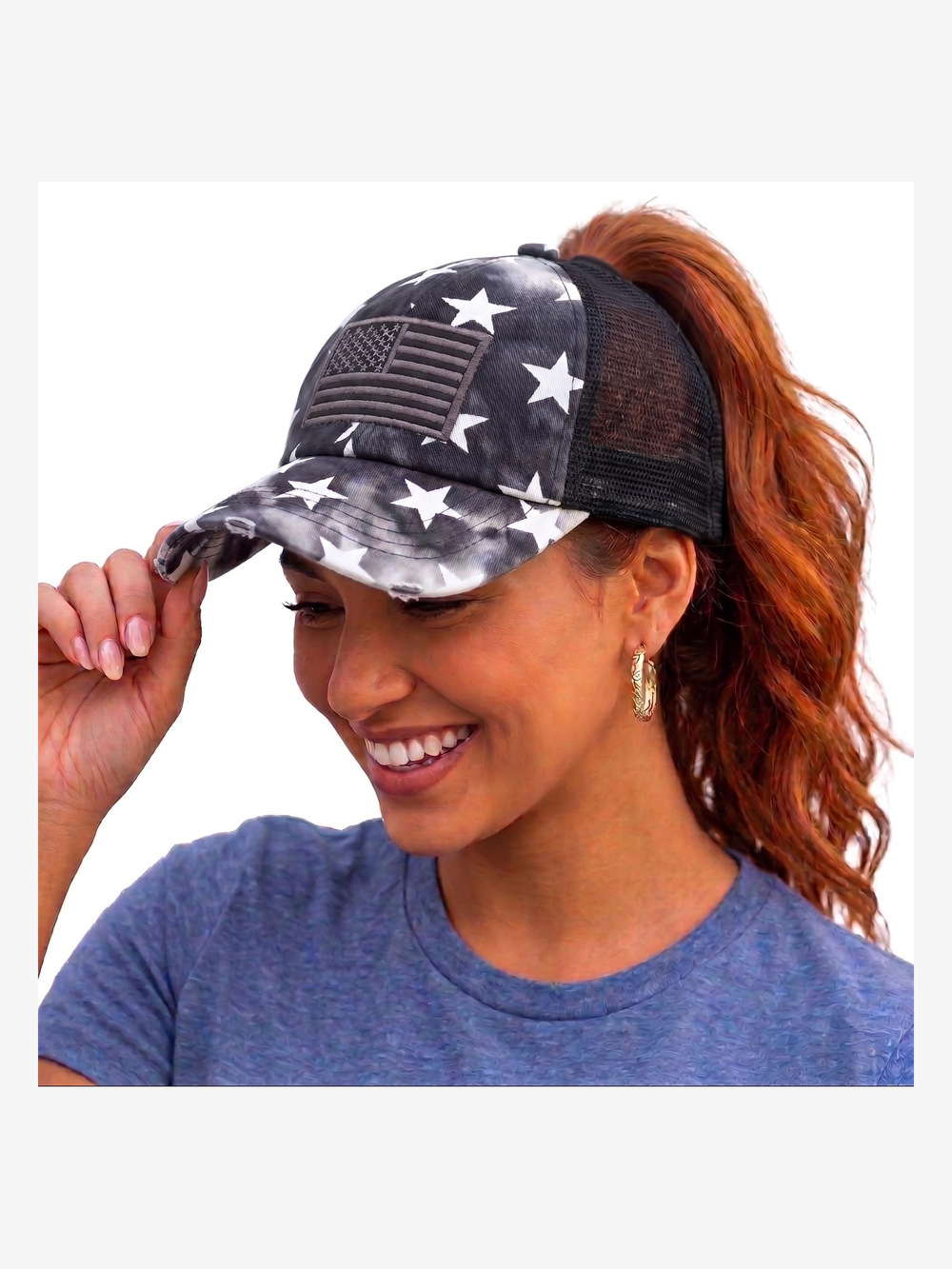 Criss Cross Ponytail Cap, Messy Bun Distressed Baseball Hat | Black | Size OS